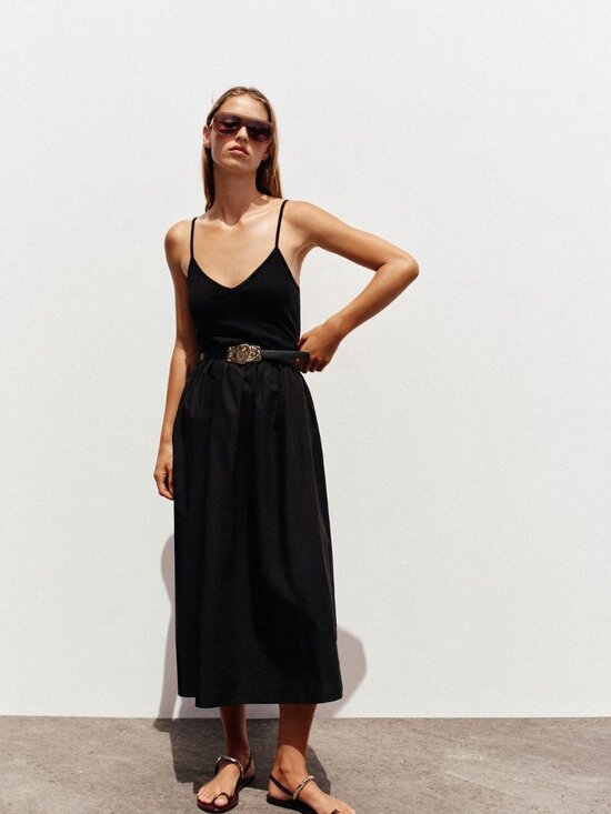 Zara Dresses & Skirts - Zara Black Belted Midi Dress Large V-Neck Spaghetti Strap Organic Cotton NWT